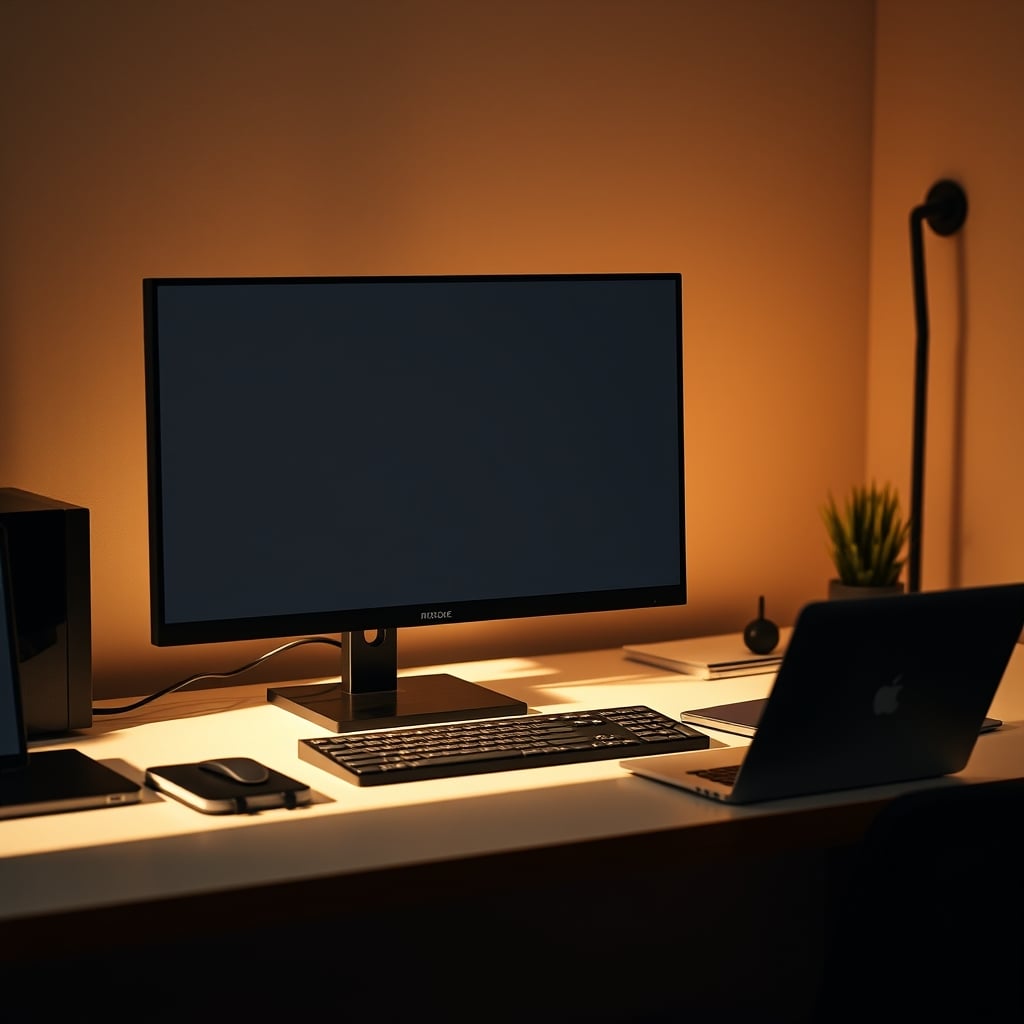 A clean, minimalist focus desk layout with a single monitor, wired keyboard, simple lamp, and a notebook.