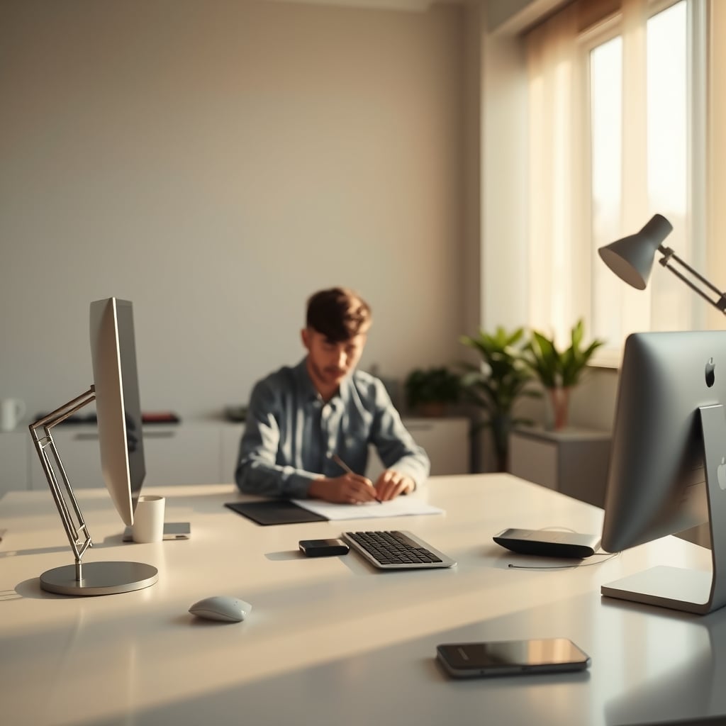 A first-person view of someone typing, with a single monitor and clean desk in focus, representing deep work.
