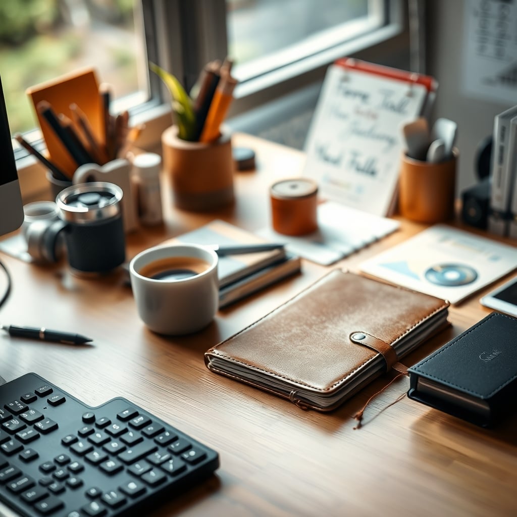 A lived-in, productive desk with a leather blotter, notebook, and coffee cup, showing signs of use.