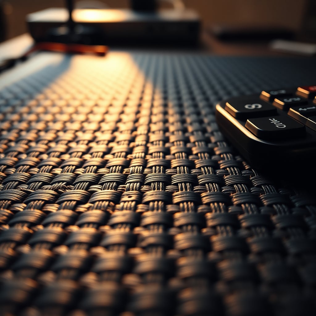 Macro close-up of a textured leather or woven desk mat surface showing natural grain.