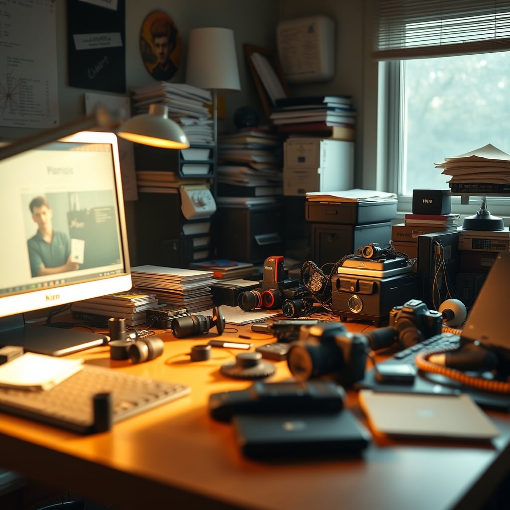 A desk cluttered with various unused focus gadgets like noise machines, fidget toys, and brain sensors, illustrating the problem of gadget overload.
