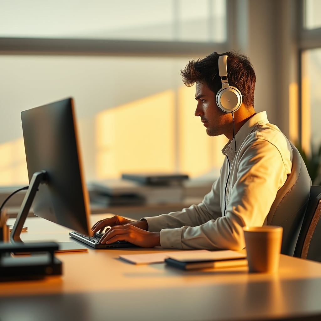 A person in deep work, wearing noise-cancelling headphones at a clean, minimalist desk with only a laptop and a notepad.