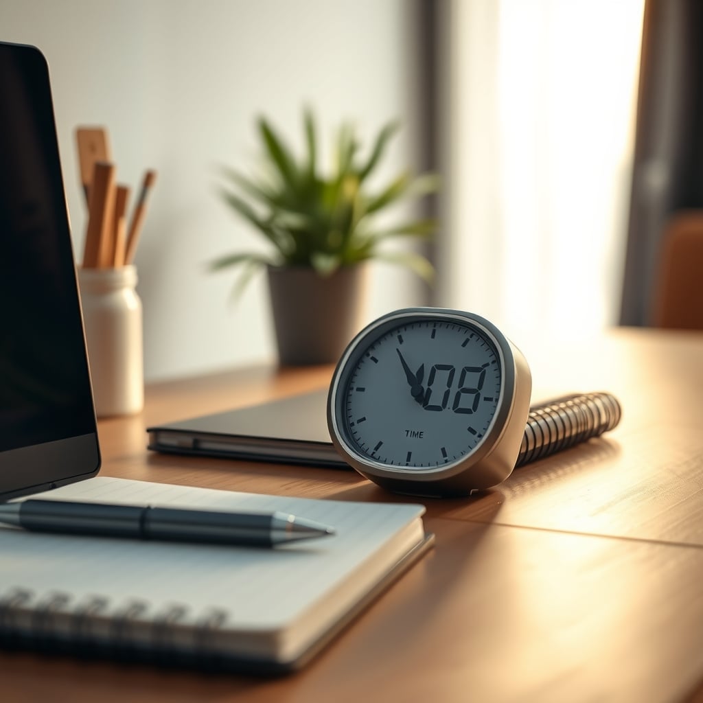 A simple, old-school mechanical kitchen timer on a wooden desk next to a notebook and pen.
