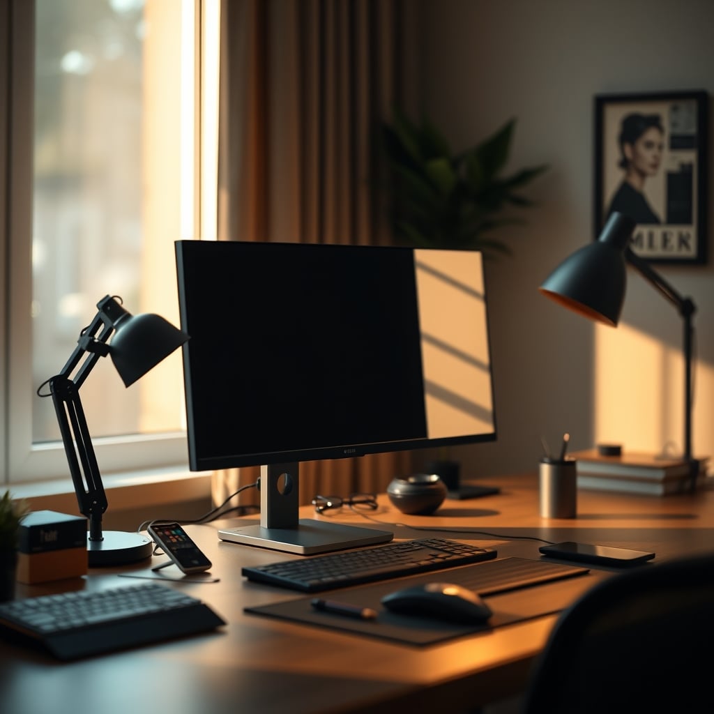 A minimalist, intentional desk setup with a single monitor and soft, diffused lighting.