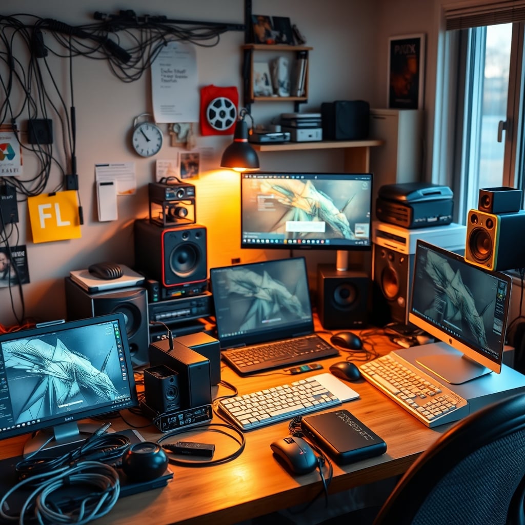 A cluttered desk full of productivity gadgets, representing a distraction factory.