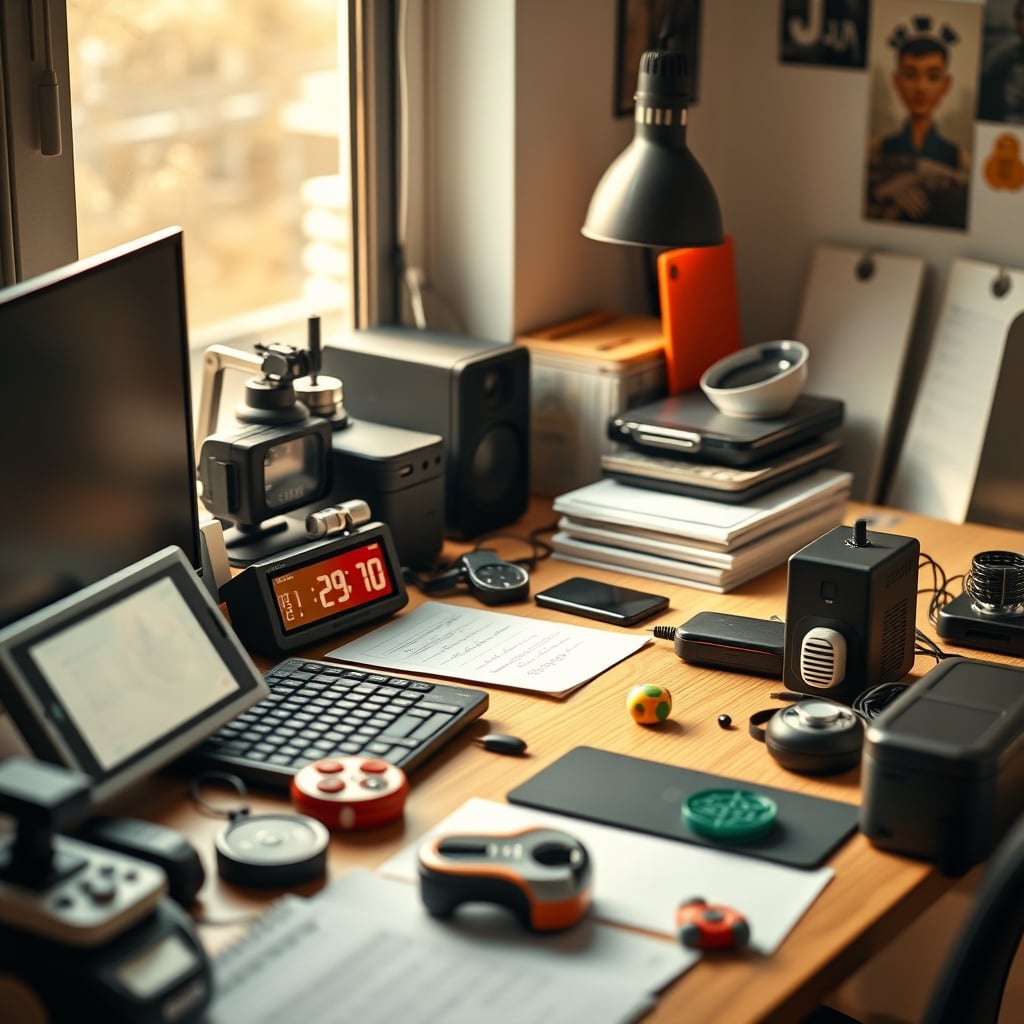 A desk overly cluttered with various focus gadgets like timers, fidget cubes, and noise machines, demonstrating visual distraction.