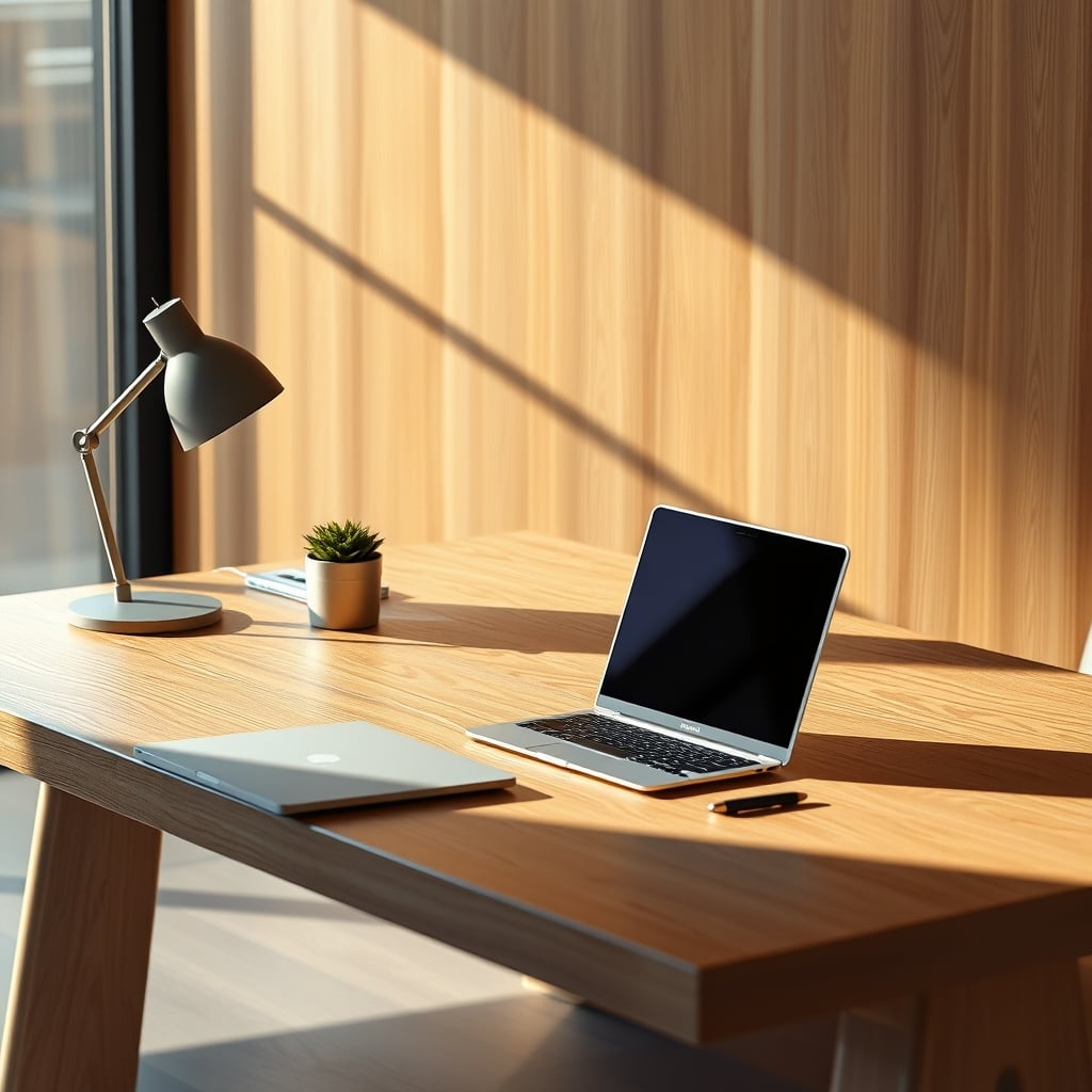 A clean, empty wooden desk with only a laptop and a single notebook, showcasing intentional minimalism.