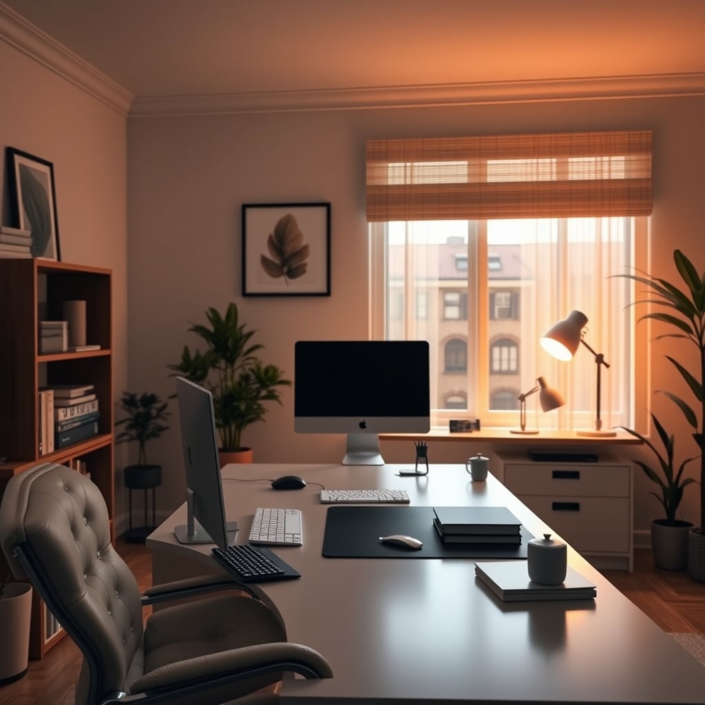 A calm, productive workspace lit by soft, indirect ambient light from an uplight, with no harsh shadows.