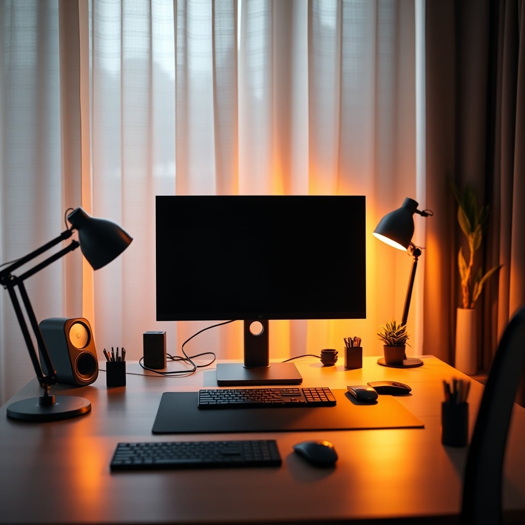 A modern desk setup featuring monitor bias lighting and warm, even room lighting for a cohesive visual field.