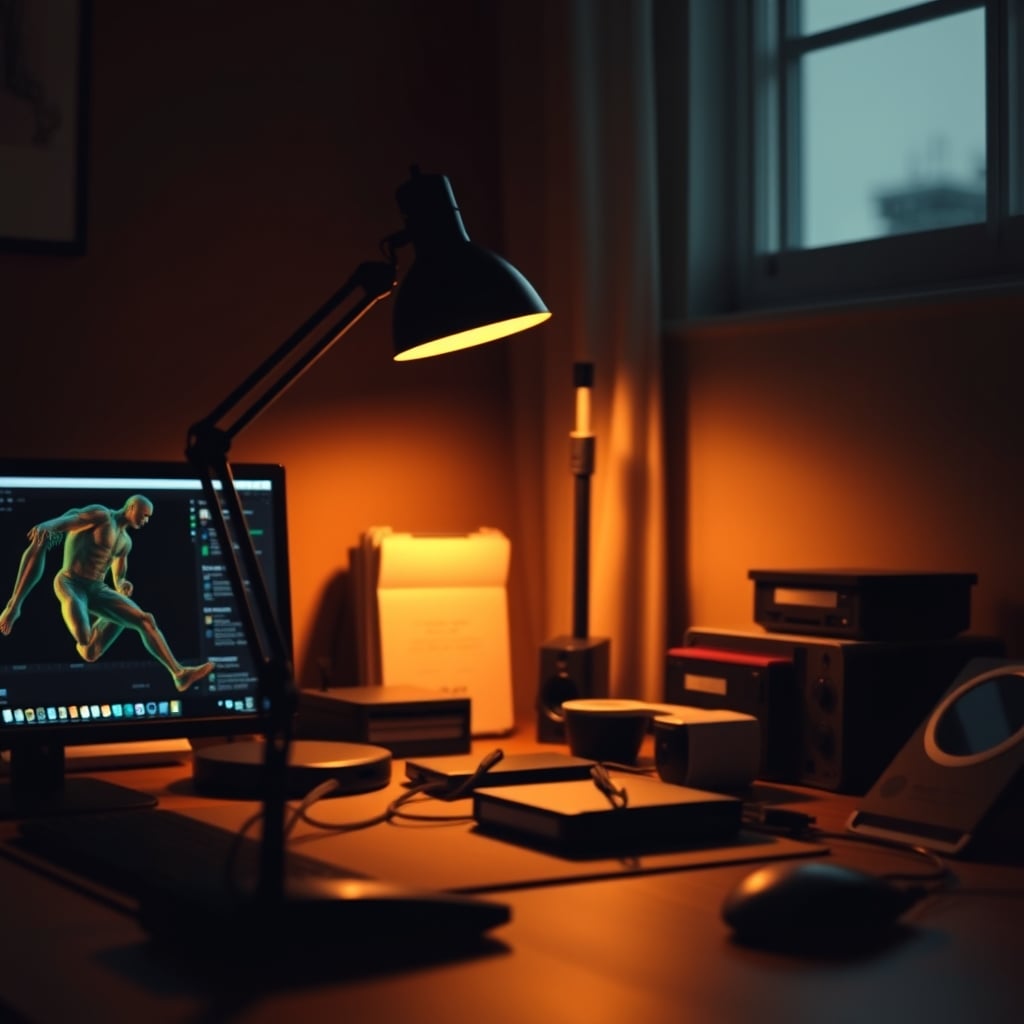 A desk with a single bright lamp creating a harsh pool of light and deep shadows, demonstrating poor focus lighting.