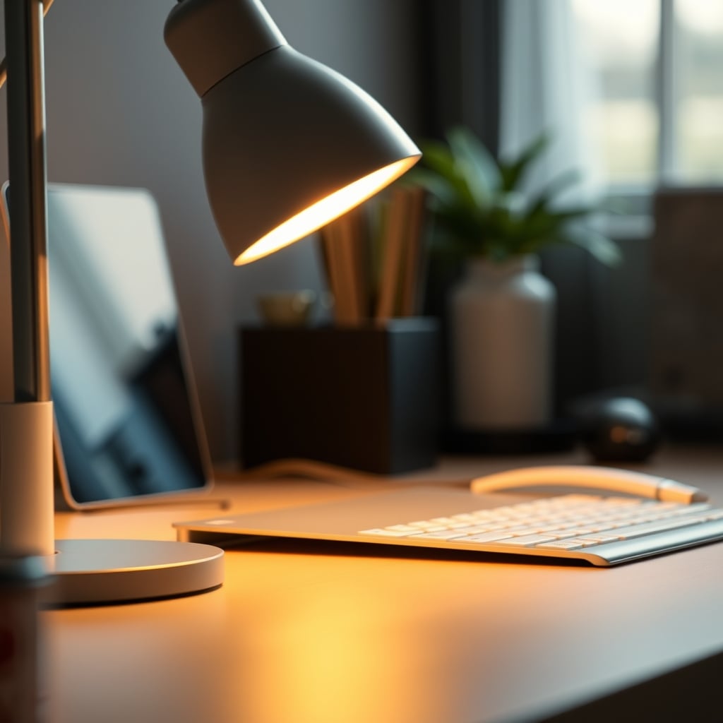 Close-up of a well-diffused desk lamp emitting a soft, even light.