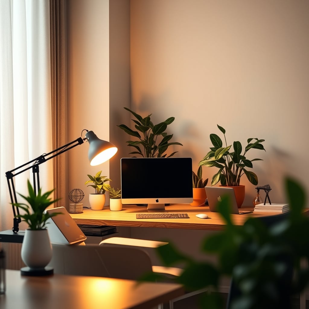 A warm, inviting home office desk with multiple light sources and plants.
