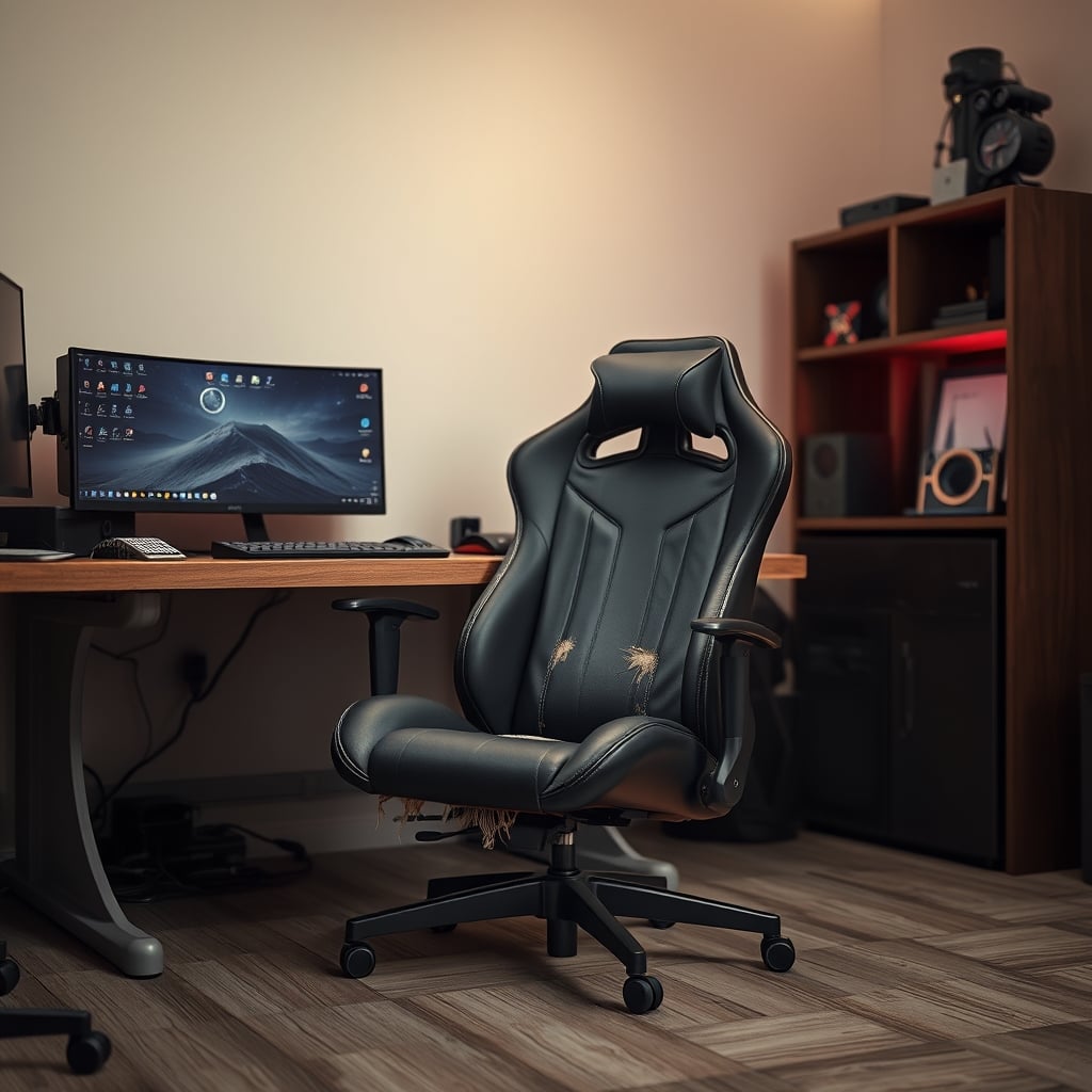 A worn-out gaming chair with cracked pleather, discarded in a corner