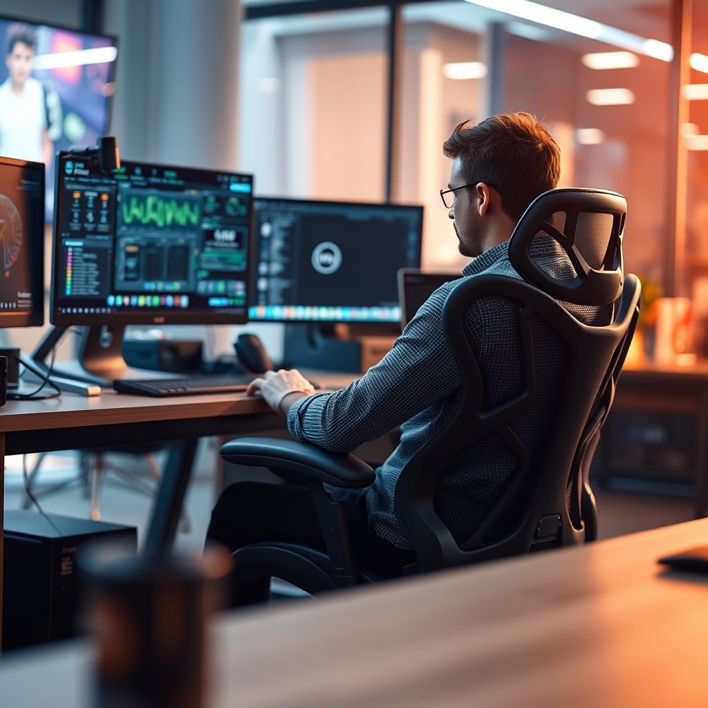 Person in deep work at a minimalist desk, sitting in a high-quality mesh ergonomic chair
