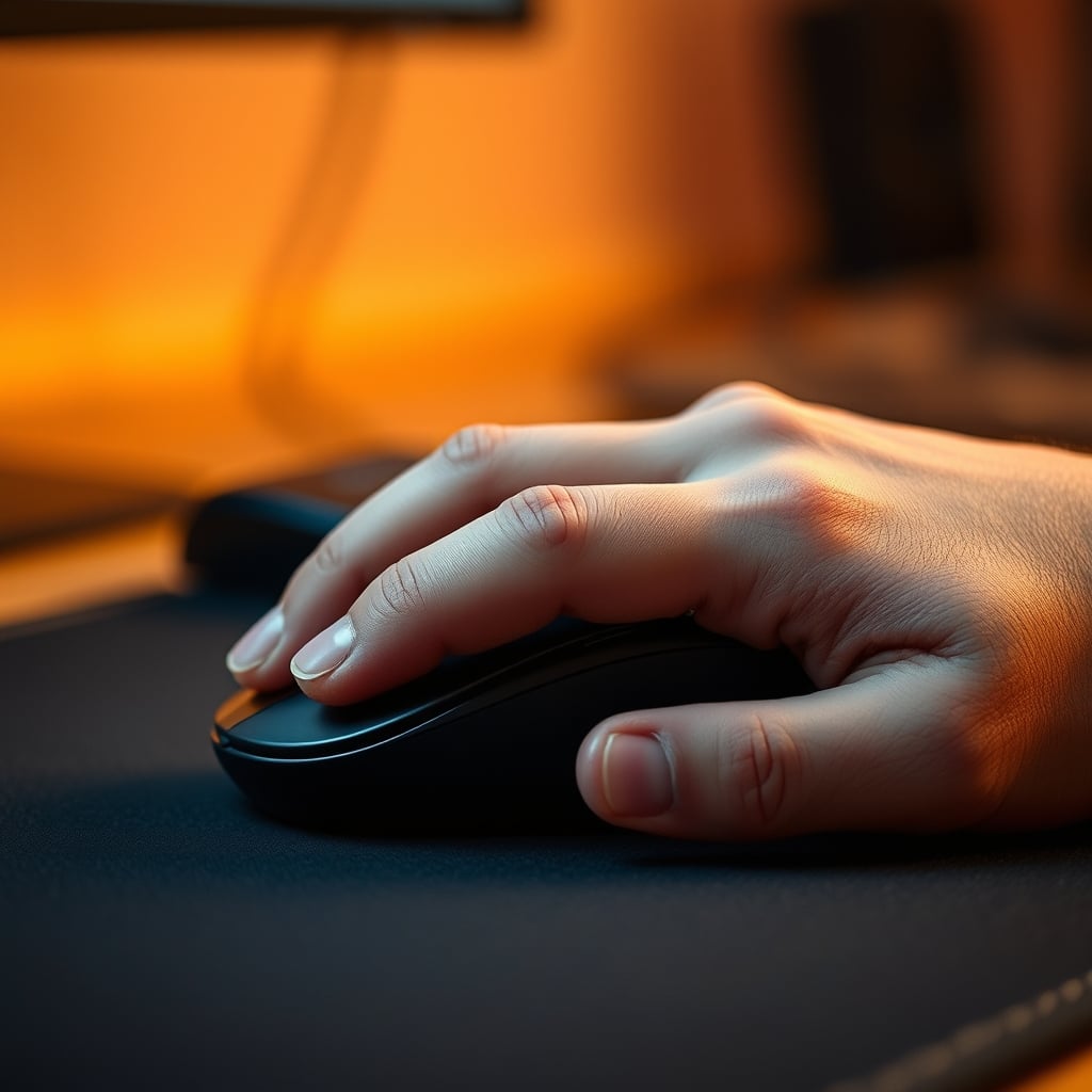 A person's hand demonstrating a relaxed, supported palm grip on a contoured productivity mouse.