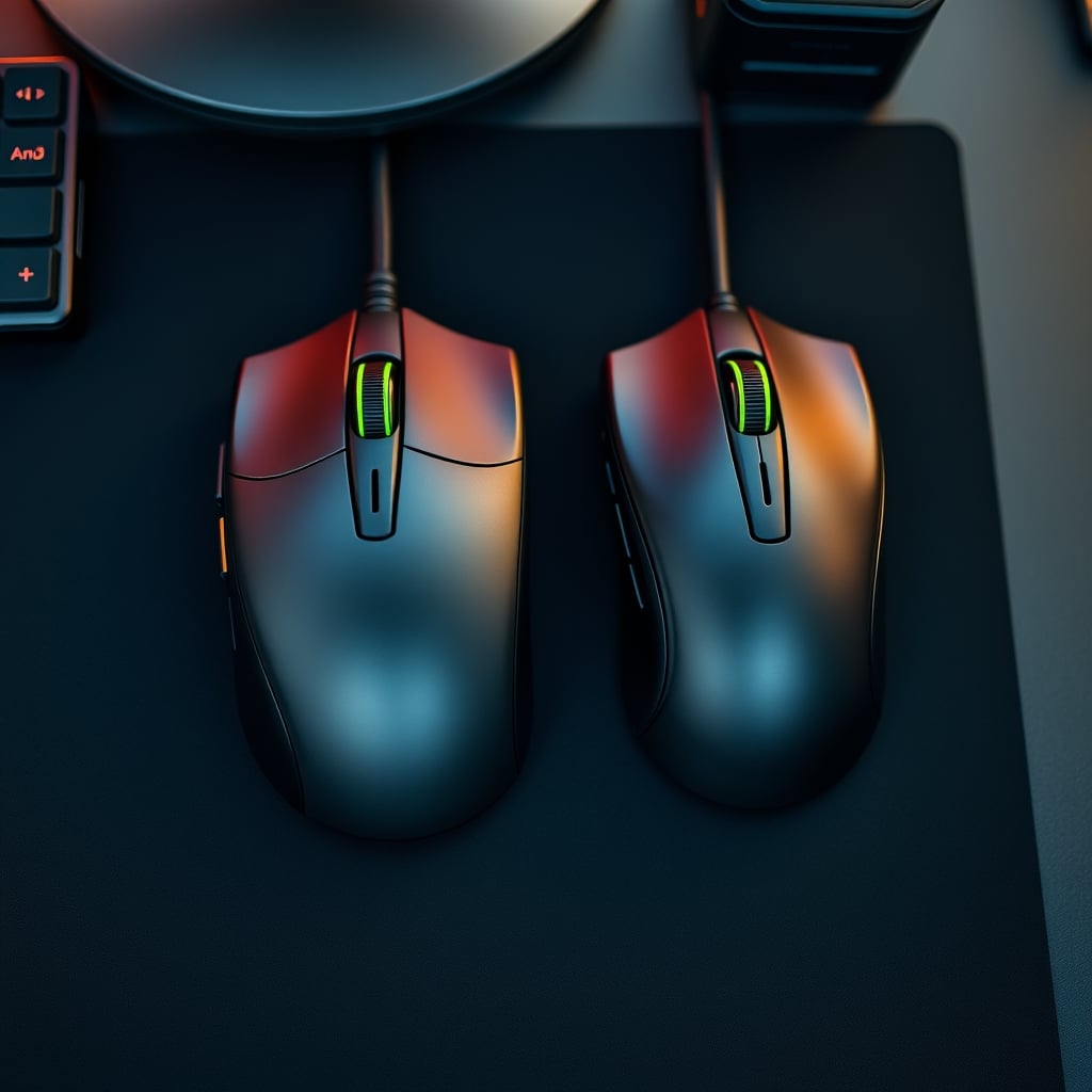 Top-down photo highlighting the sculpted, thumb-supporting shape of an ergonomic mouse versus the flat, symmetrical shape of a gaming mouse.