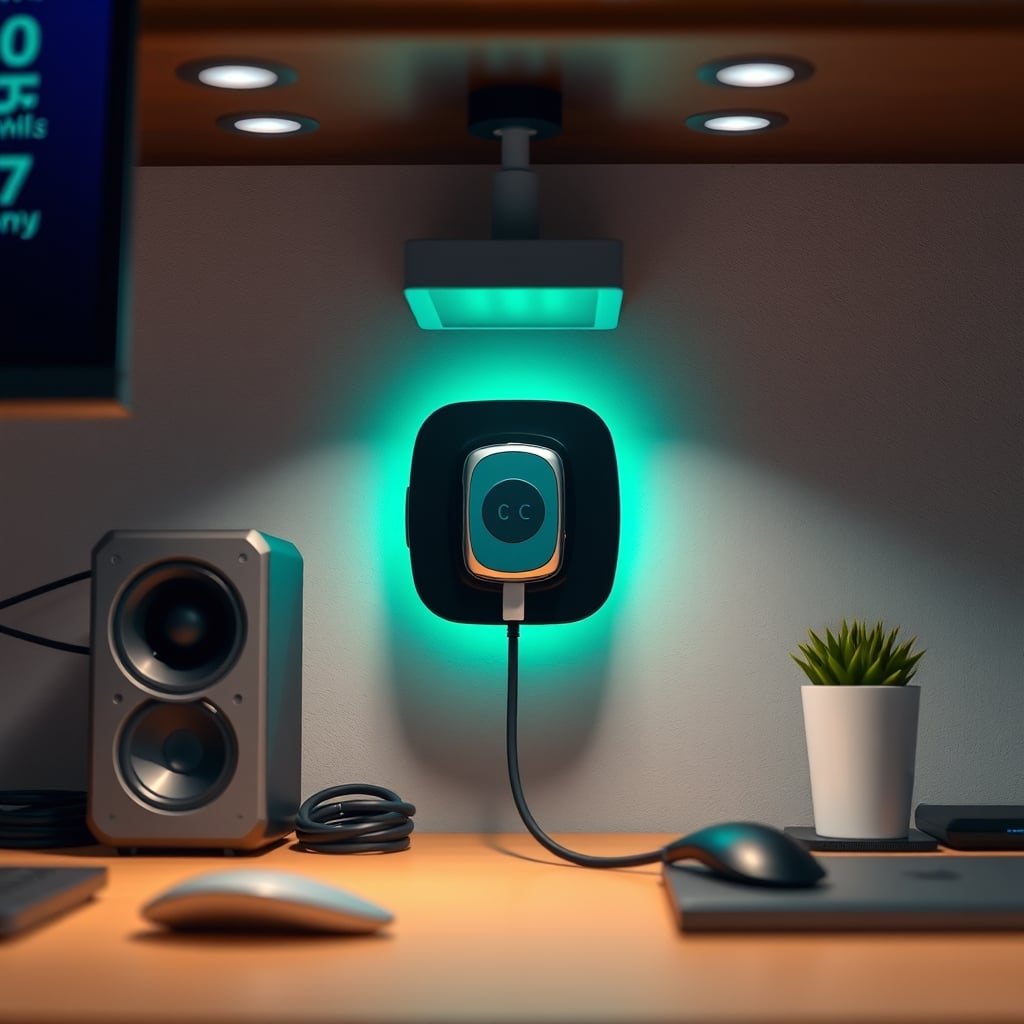 A clean under-desk mount for a GAN charging station with neatly routed cables.