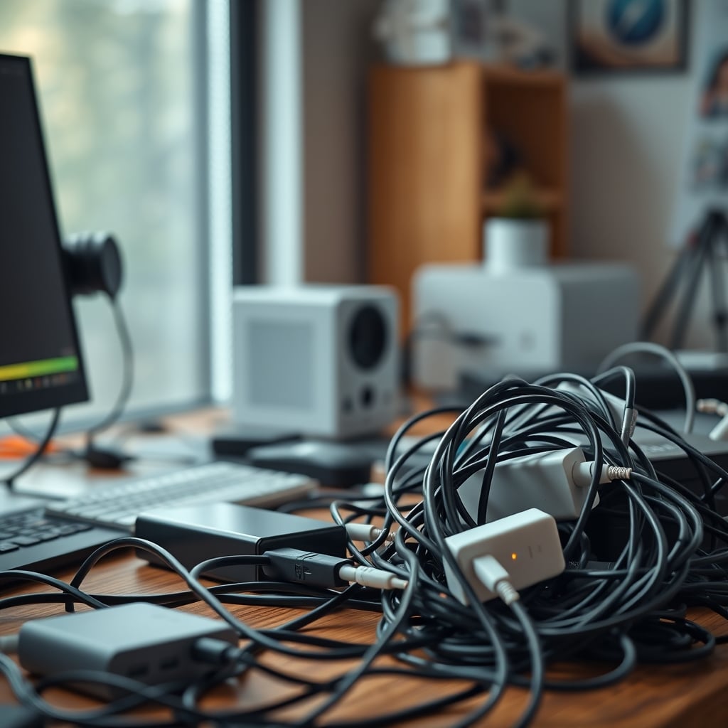 A messy, dangerous desk setup with tangled cables and overheated chargers.