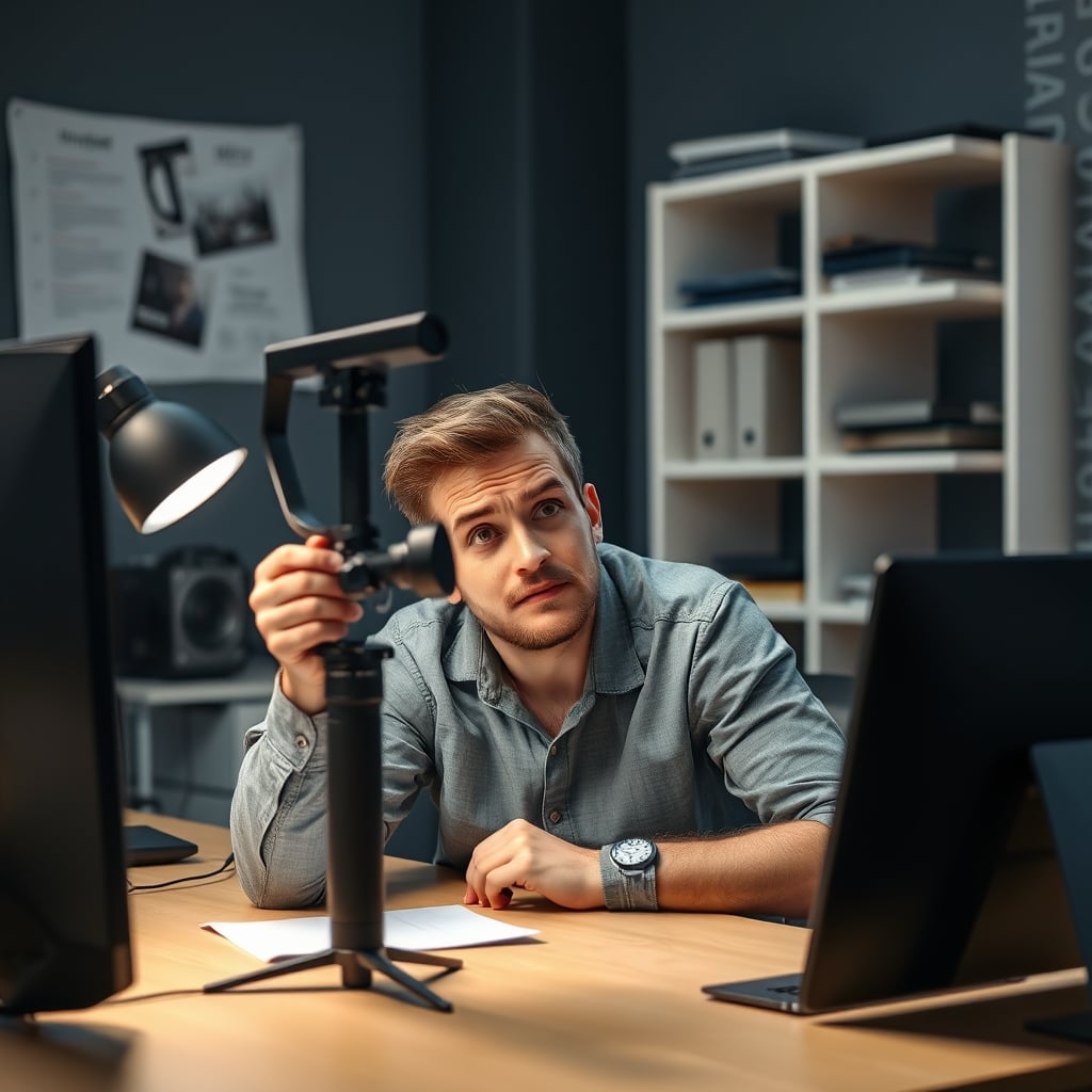 A creator looks frustrated and confused while holding a complex camera gimbal