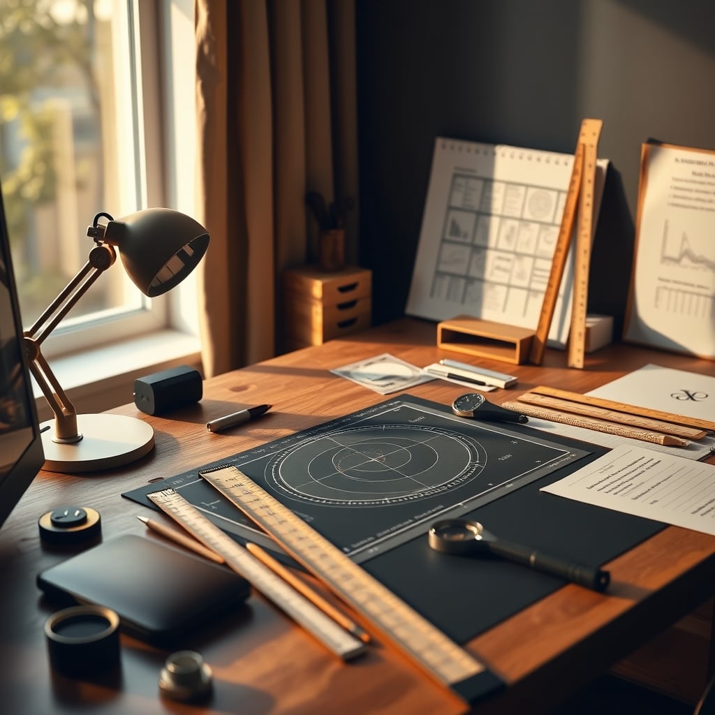 A desk with tools measuring golden ratio distances, looking sterile and impractical