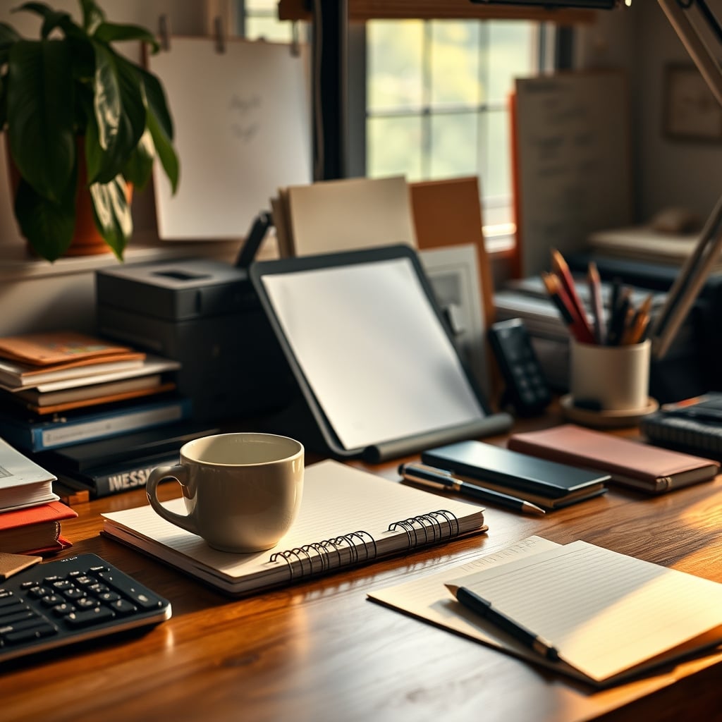 A lived-in, slightly messy desk with a coffee cup and notebook in natural positions