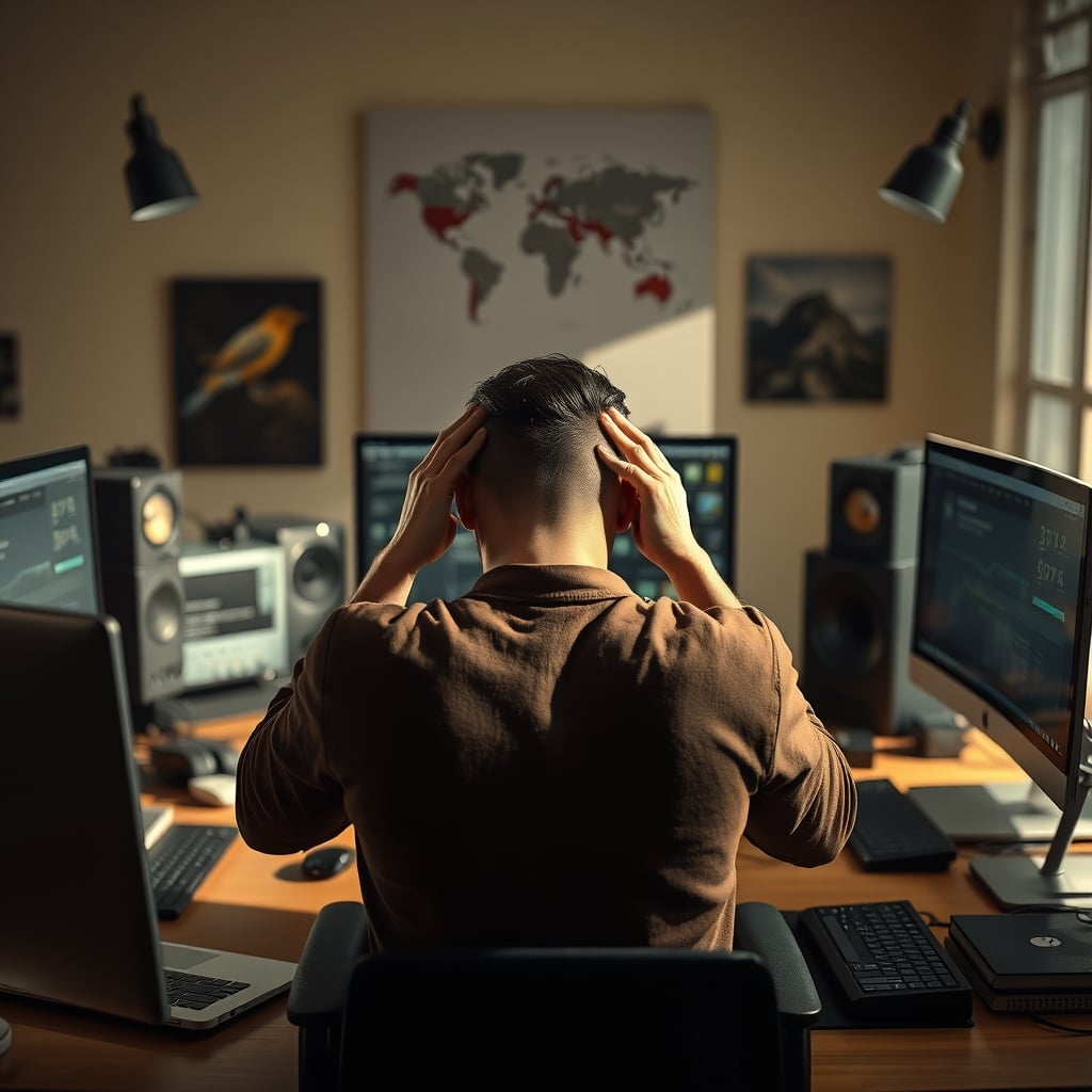A person looking frustrated and overwhelmed at a desk filled with technology.