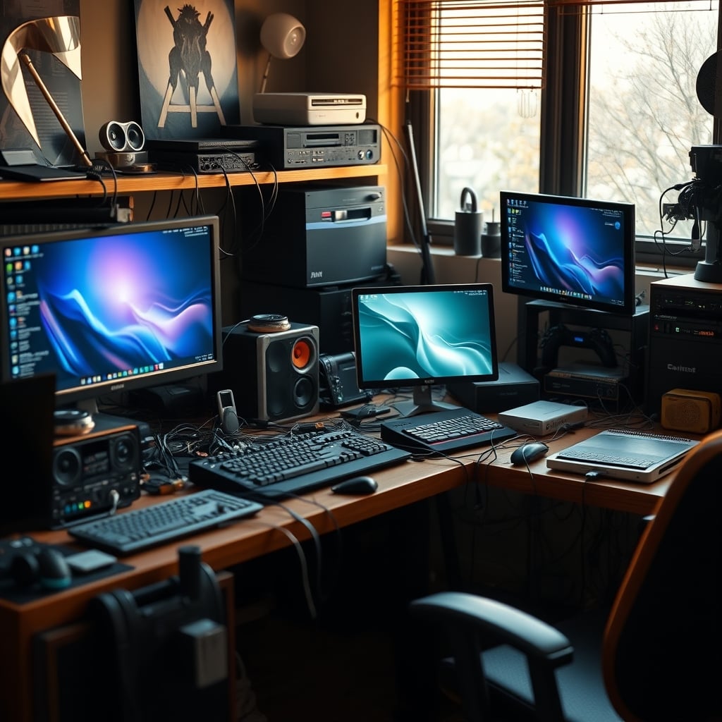A cluttered, chaotic desk full of glowing gadgets and tangled wires, representing a distracted workspace.