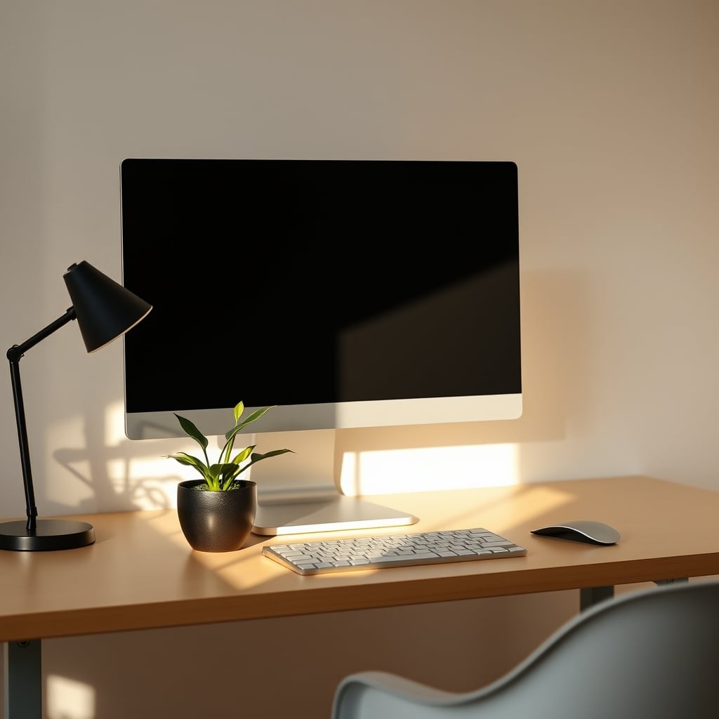 A clean, minimalist, and calm desk setup with a single monitor, a plant, and no visible gadgets.