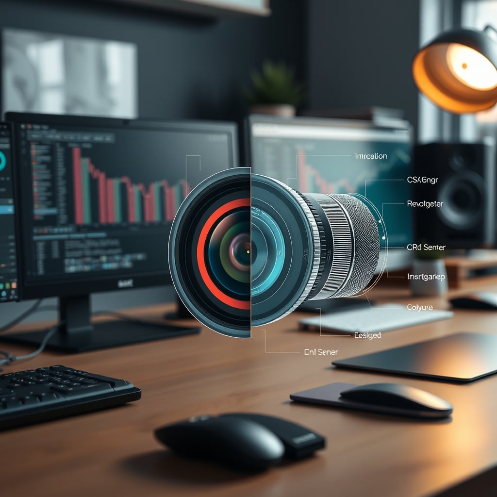 A close-up macro shot of a camera sensor next to a simplified diagram of light passing through a lens.