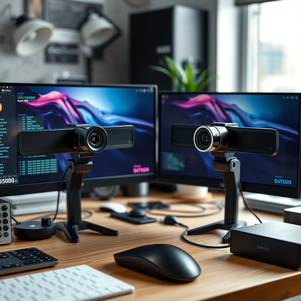 A messy desk with a 1080p and a 4K webcam side-by-side, highlighting the often identical physical design.