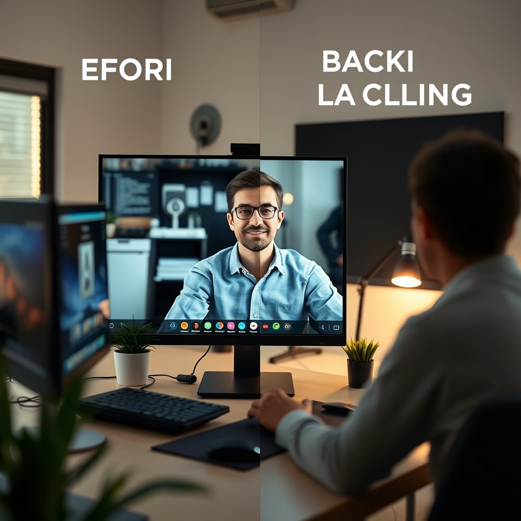 Split-screen showing a person on a video call with professional front lighting vs terrible backlit lighting.