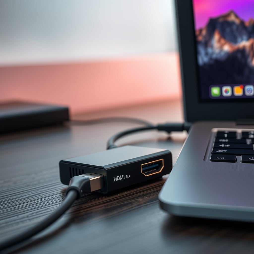 Compact metal HDMI to USB capture card with a short cable plugged into a laptop port