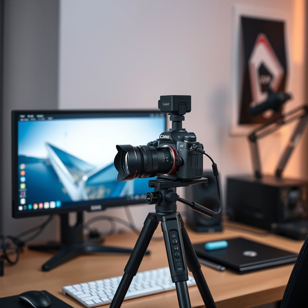 Mirrorless camera mounted on a small tripod beside a desktop monitor with an HDMI cable running to a capture card