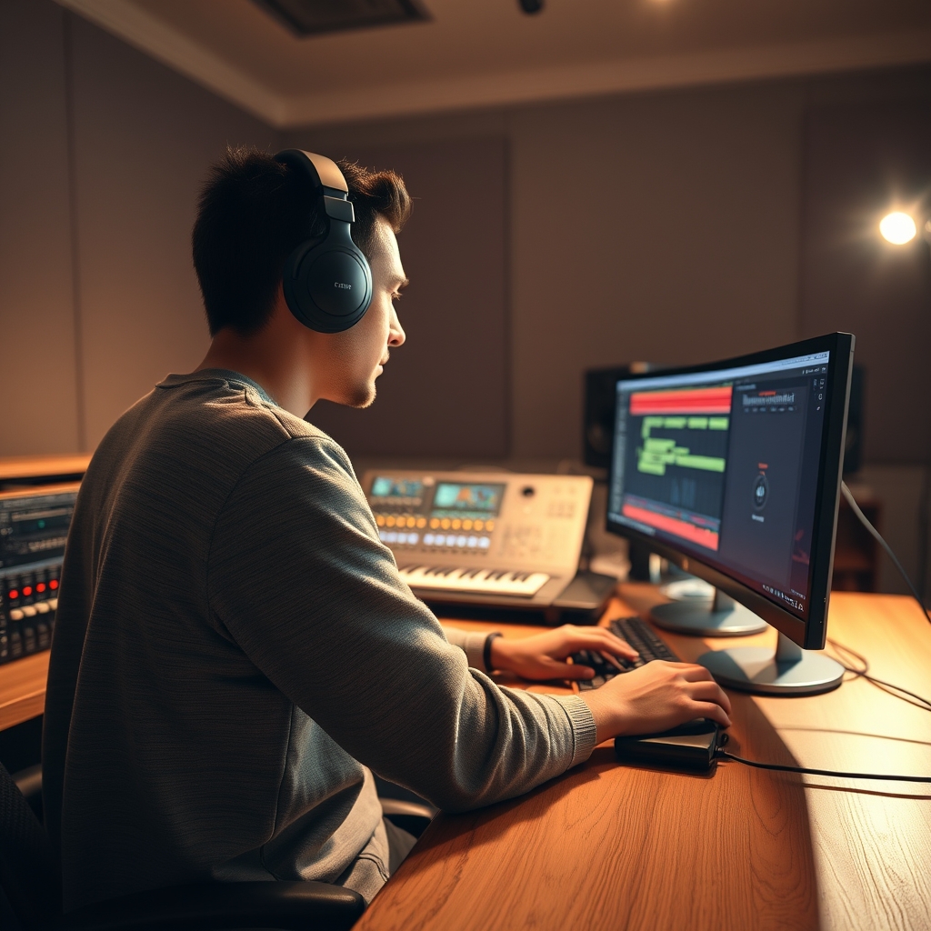 Audio engineer meticulously mixing sound with high-fidelity open-back headphones in a professional studio