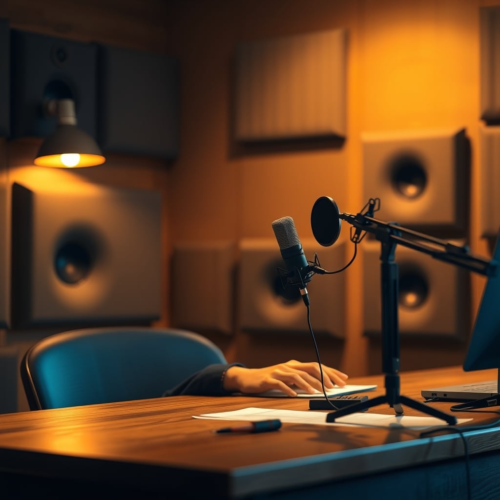 A person recording with a modest microphone in a room with basic acoustic treatment.
