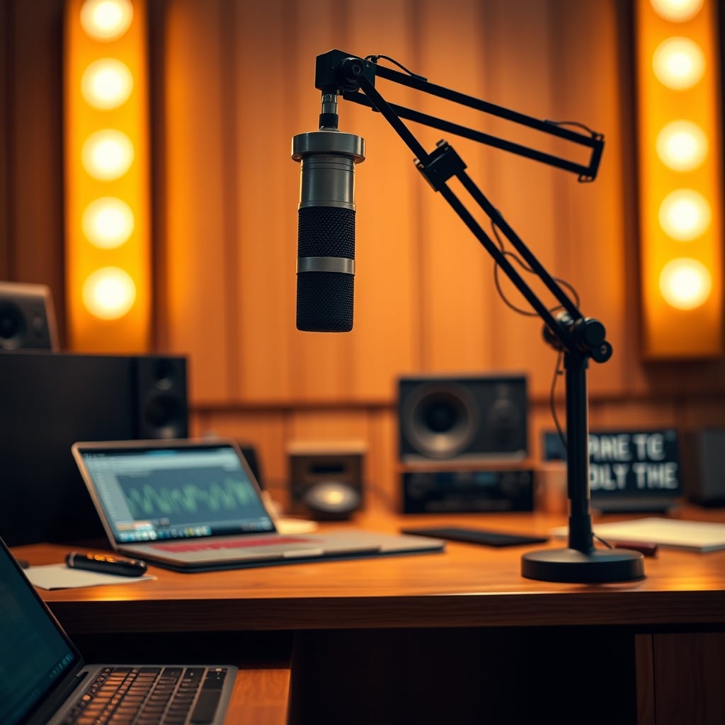 An overhead microphone suspended on a boom arm, isolating it from desk vibrations.