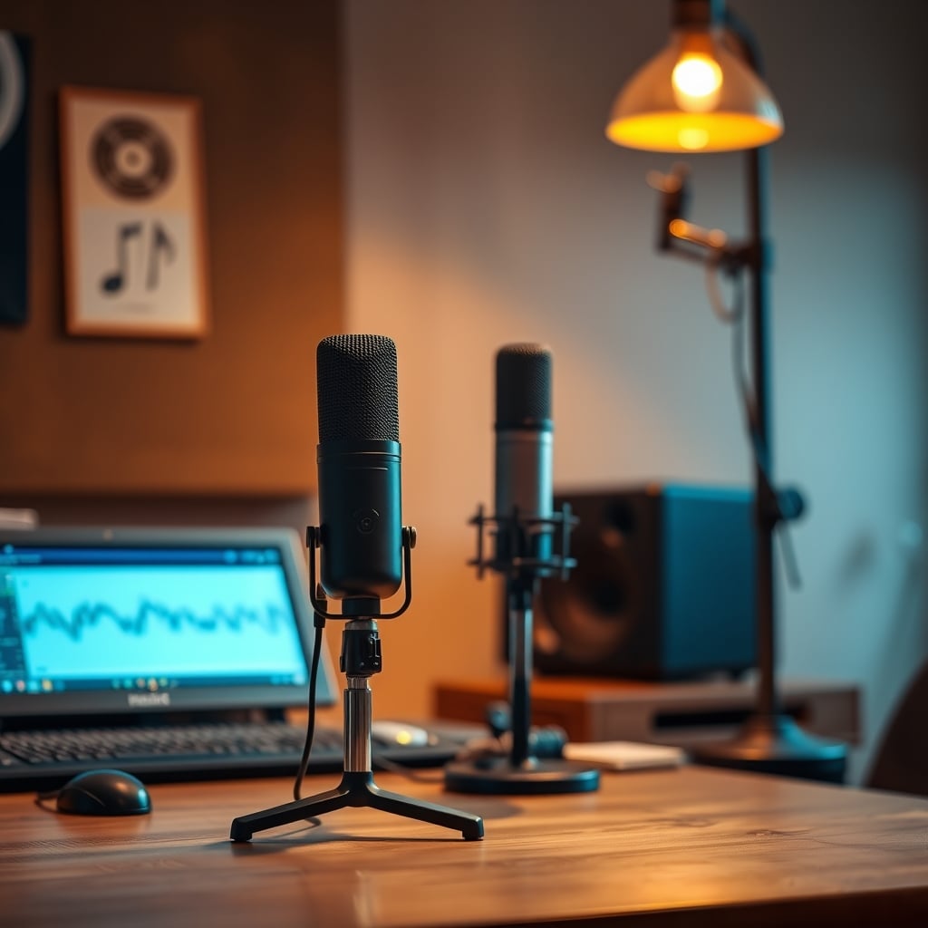 An expensive condenser microphone sitting uselessly on a reflective desk in a noisy room.