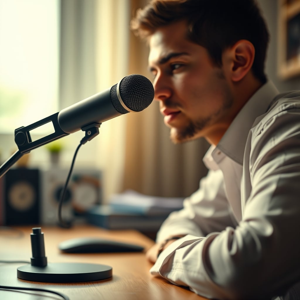 A USB microphone correctly positioned on a boom arm near the speaker.