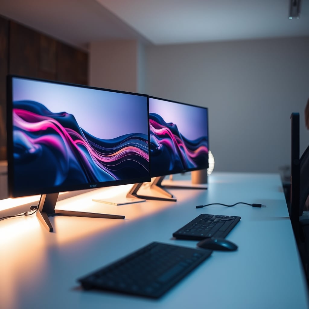 A simple, effective 27-inch monitor setup on an arm with good ergonomics