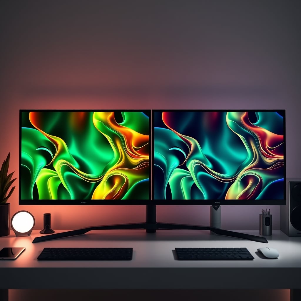 Side-by-side comparison showing OLED burn-in ghost images versus a clean IPS display