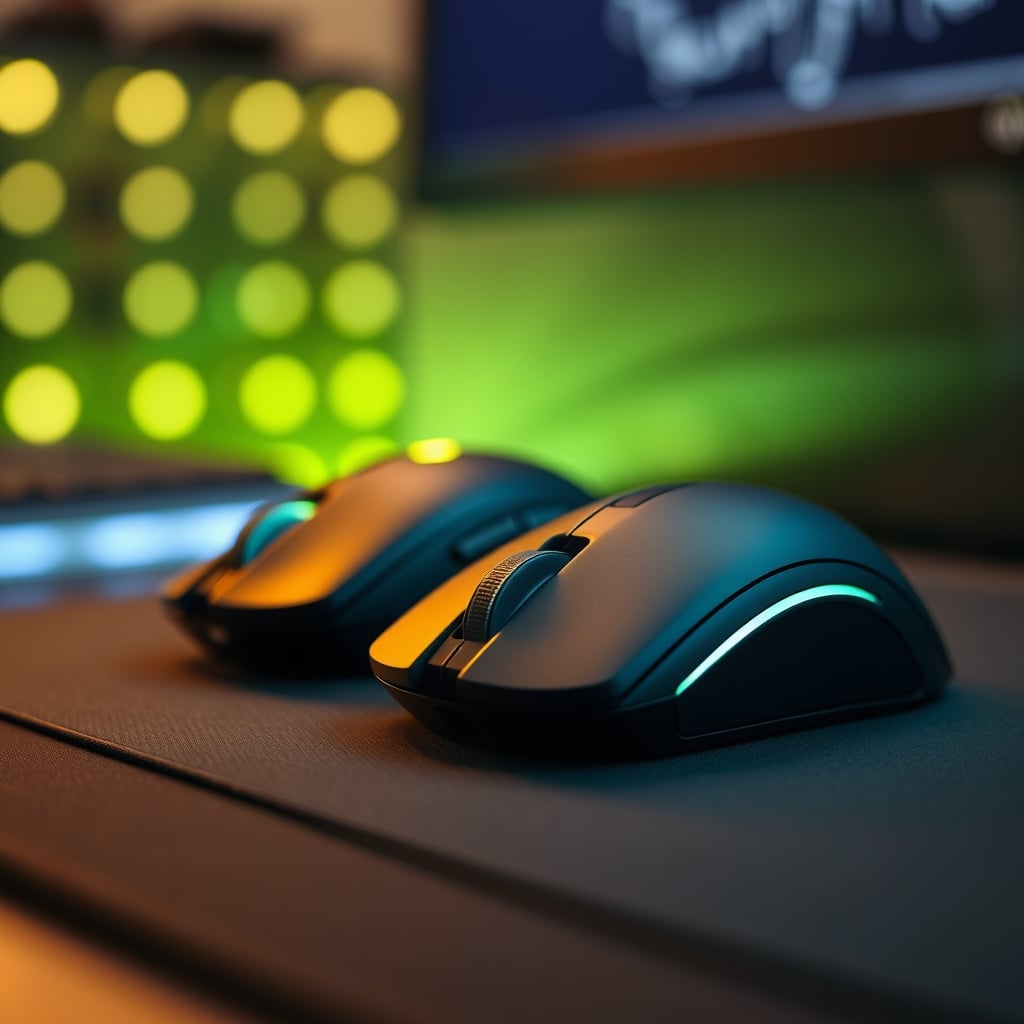 A modern wireless gaming mouse and a traditional wired mouse side-by-side