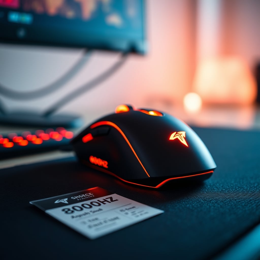 A gaming mouse with a marketing spec sheet highlighting a high polling rate