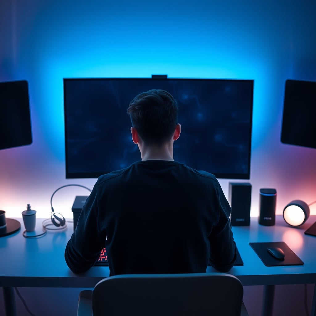 A person looking confused at a 360Hz gaming monitor, illustrating the disconnect between marketing hype and real experience.
