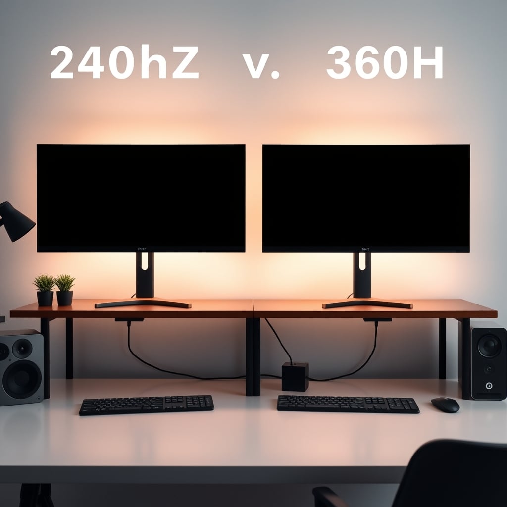 A realistic desk setup comparing a 240Hz monitor and a 360Hz monitor, with minimal visible difference to the naked eye.