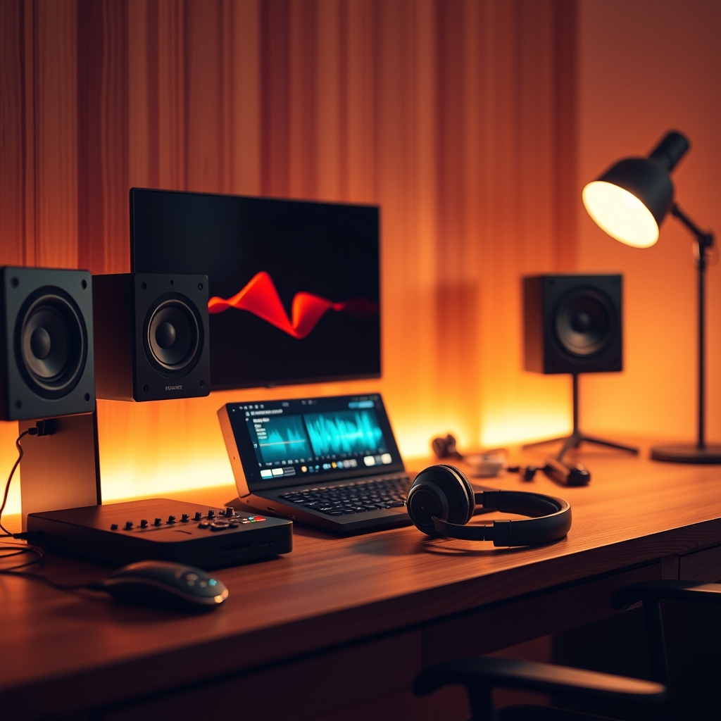 A minimalist desktop setup featuring a high-resolution audio player and premium over-ear headphones, bathed in soft ambient light.