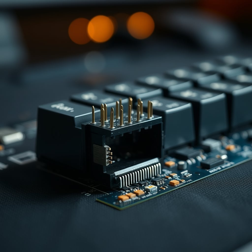 Extreme close-up of a damaged hotswap socket on a keyboard PCB with bent metal contacts.