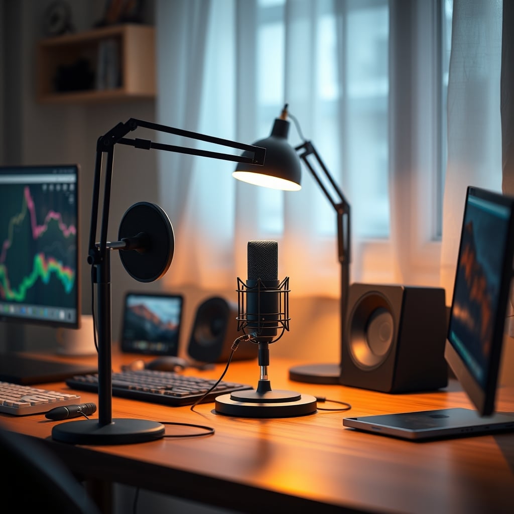 A cozy podcasting corner with a warm table lamp illuminating a microphone on a small wooden table.
