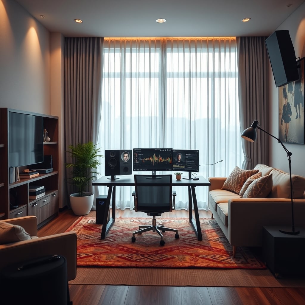 A comfortable living room with a full bookcase, rug, and curtains serving as natural acoustic treatment.