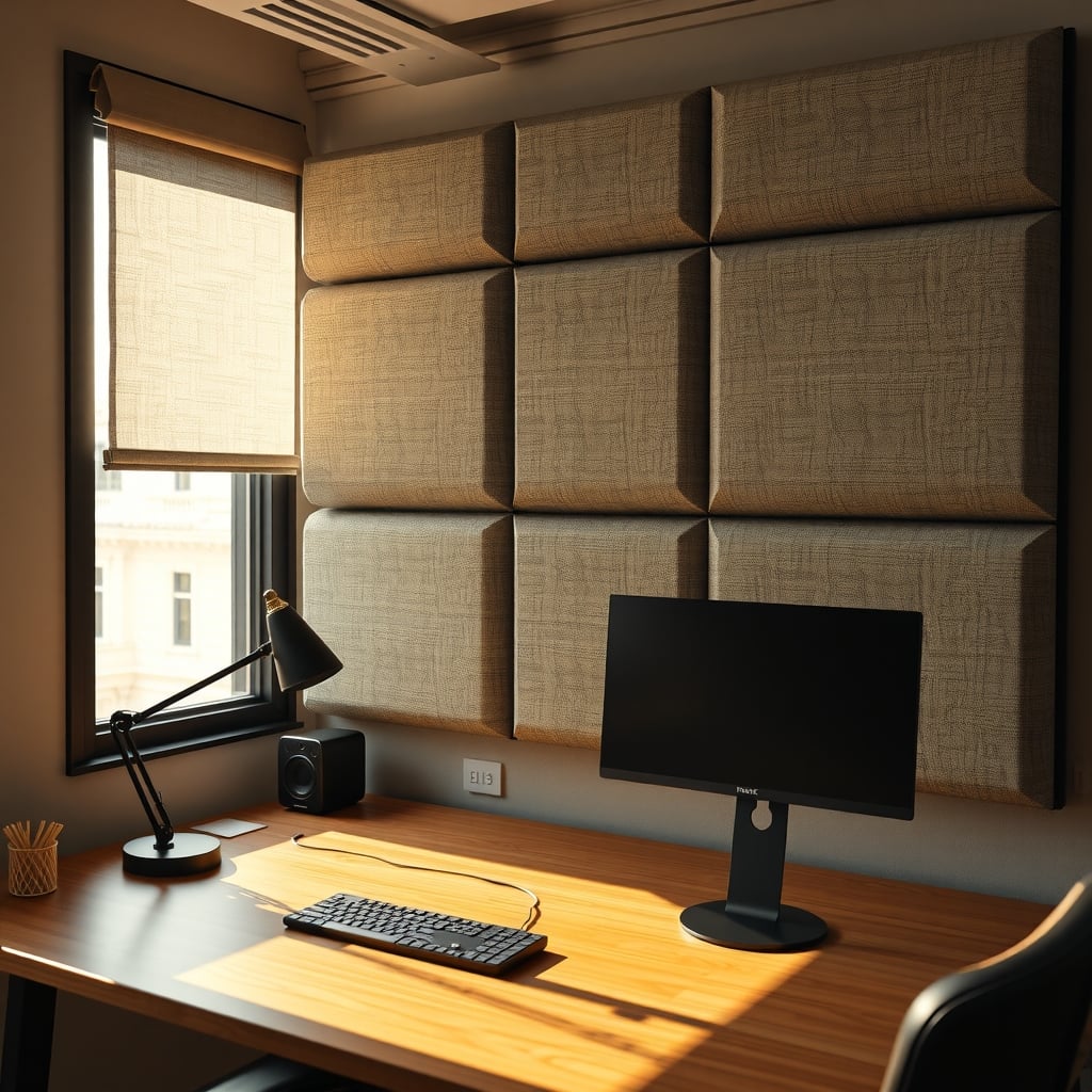 Two large fabric-wrapped sound absorbing wall panels hung above a wooden desk
