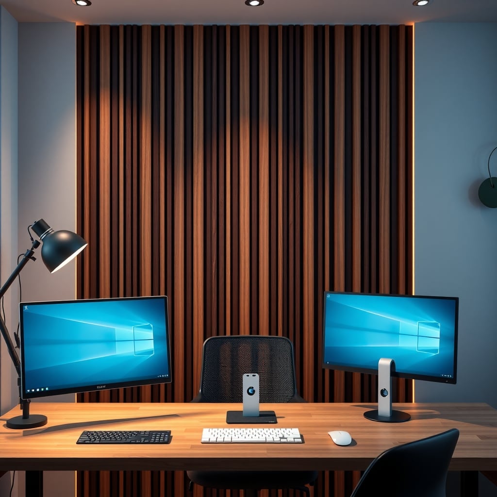 Wood slat acoustic panels with felt backing behind a home office desk